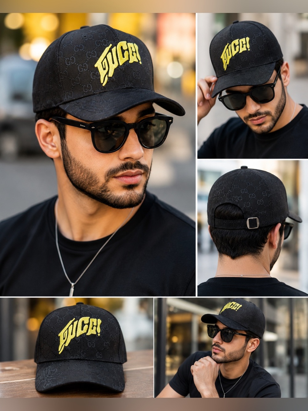 Gucci Black GG Monogram Cap with Yellow Script Logo